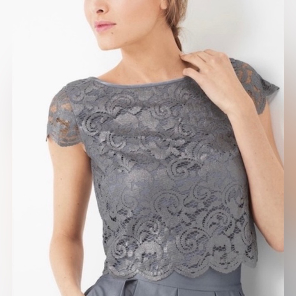 White House Black Market Gray Lace Top Size 8 Feminine Elegant Chic Romantic